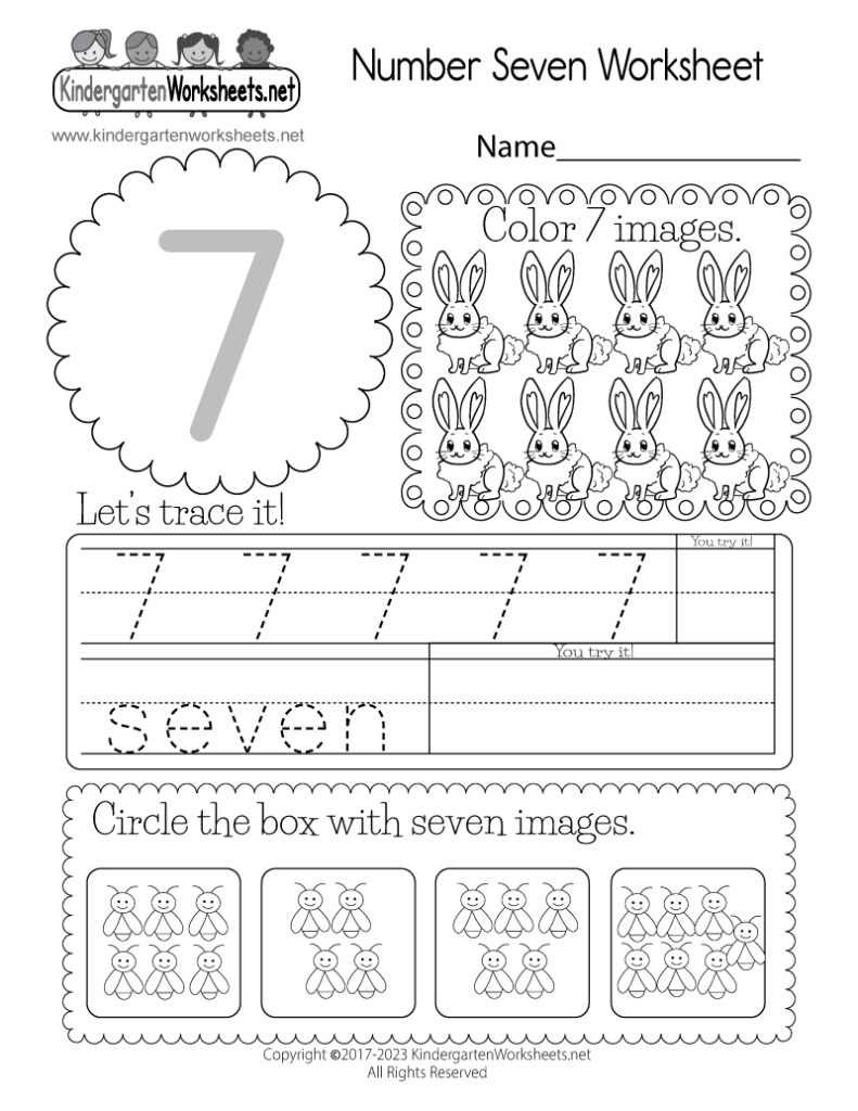 Number seven worksheet with tracing and counting exercises
