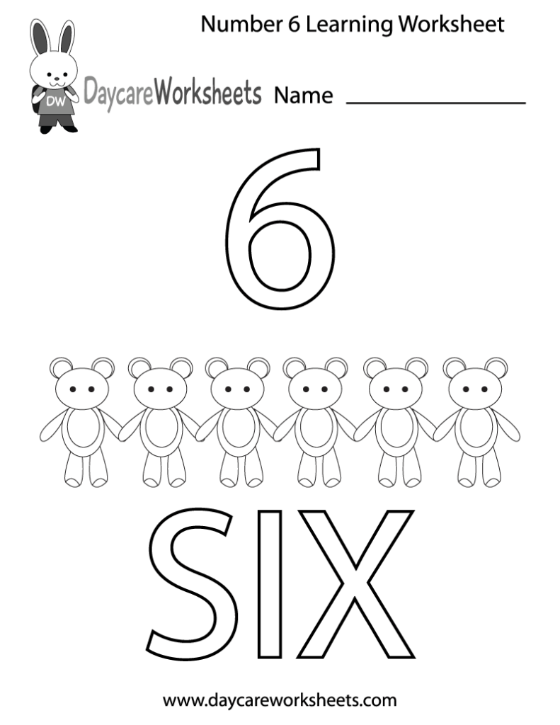 Number 6 learning worksheet with six bears and SIX text