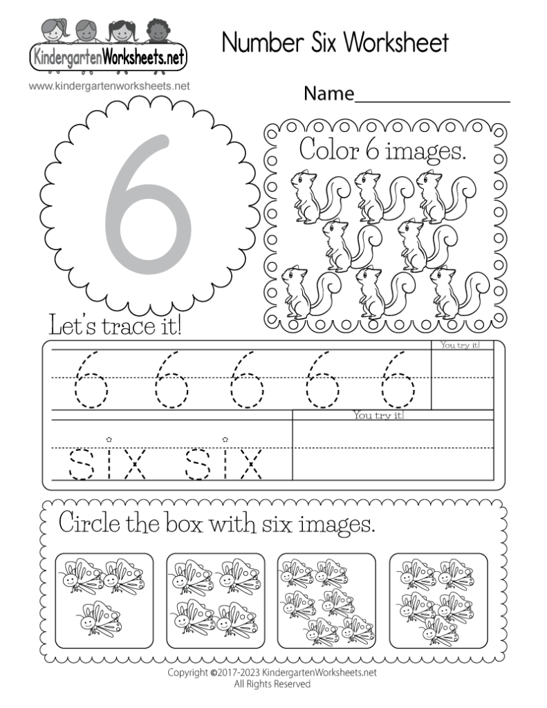Printable number six worksheet with tracing and counting boxes