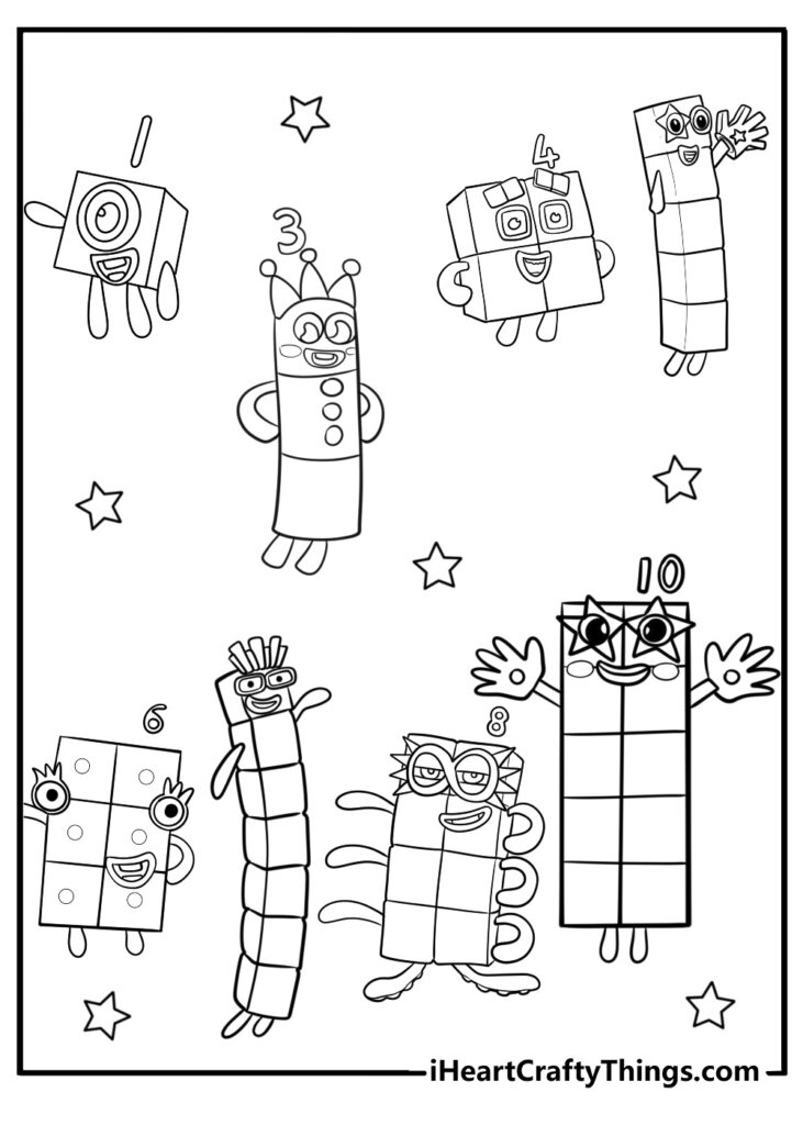 Black-and-white cartoon number blocks surrounded by stars