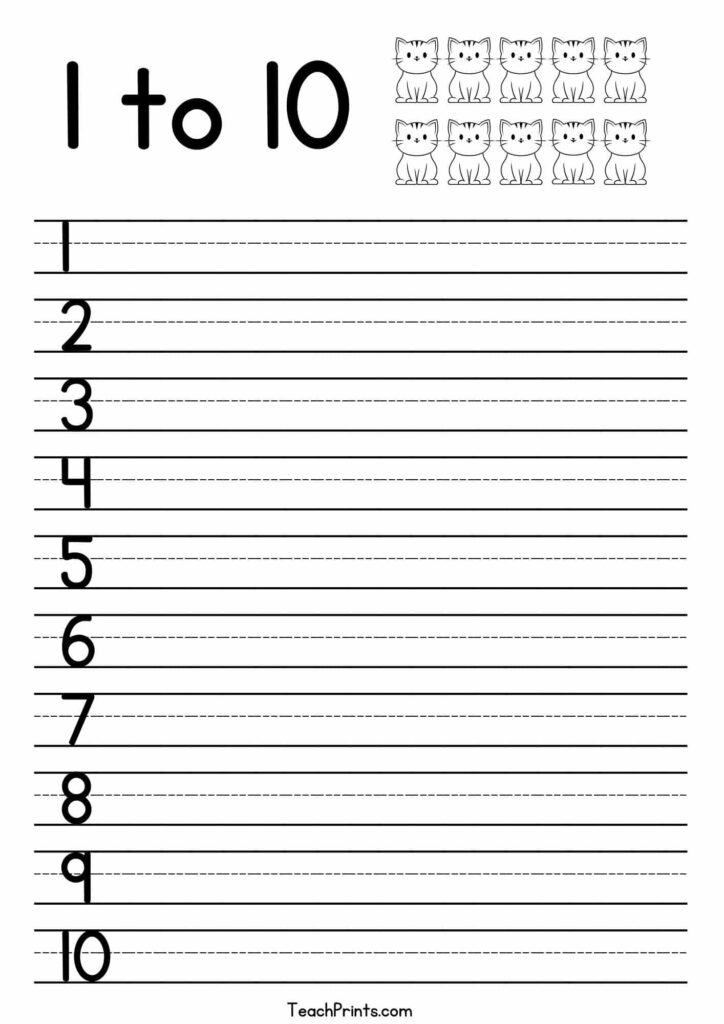 Number tracing worksheet with ten kittens and lines