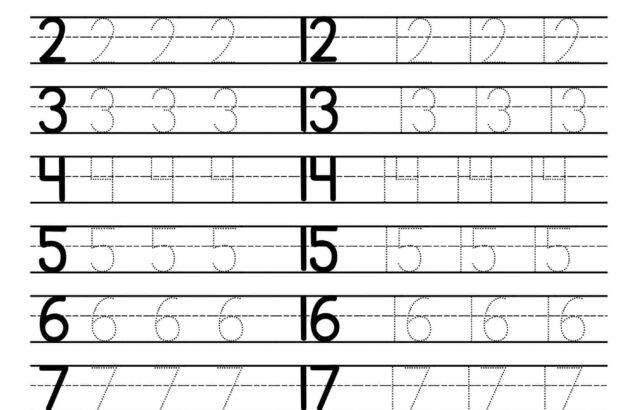 Number tracing worksheet showing 1 to 20