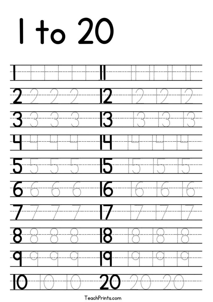 Number tracing worksheet with 1 to 20 lines