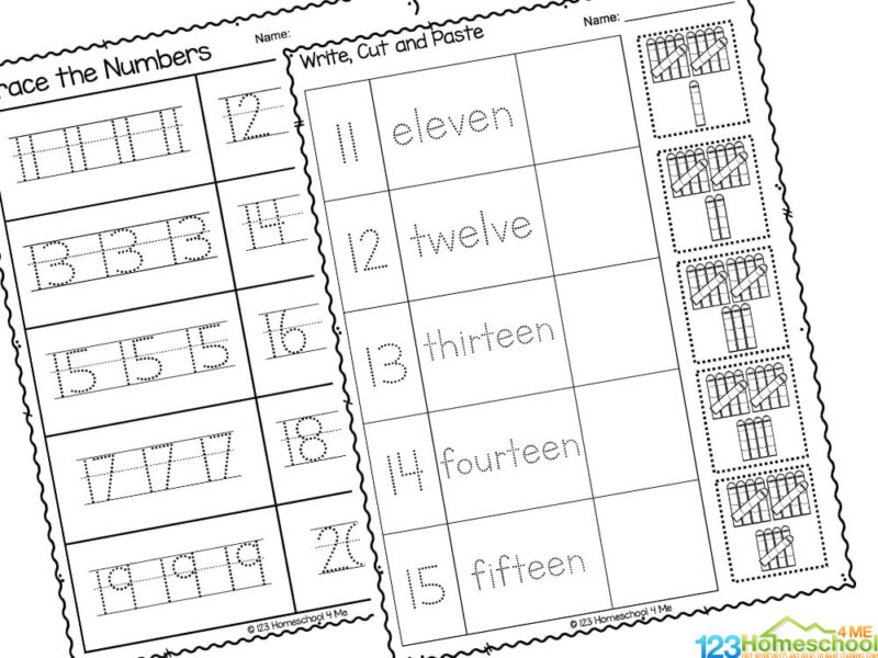 Printable number worksheets with tracing and cut-and-paste activities
