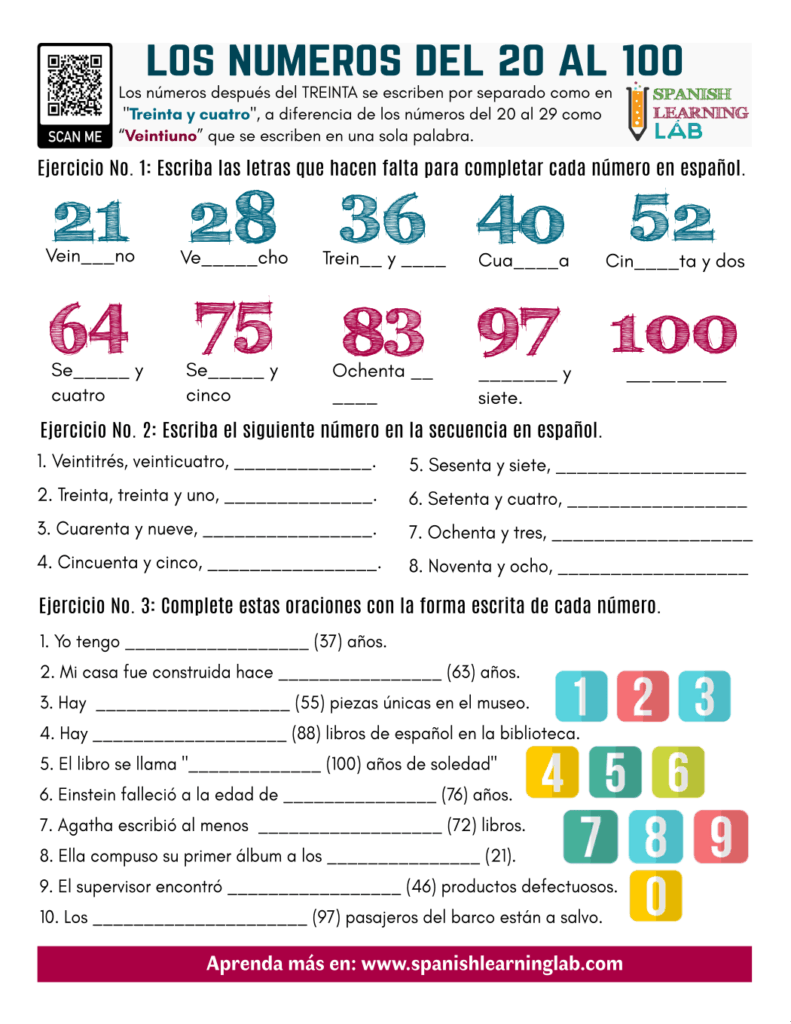 Spanish numbers worksheet with exercises and colorful numerals
