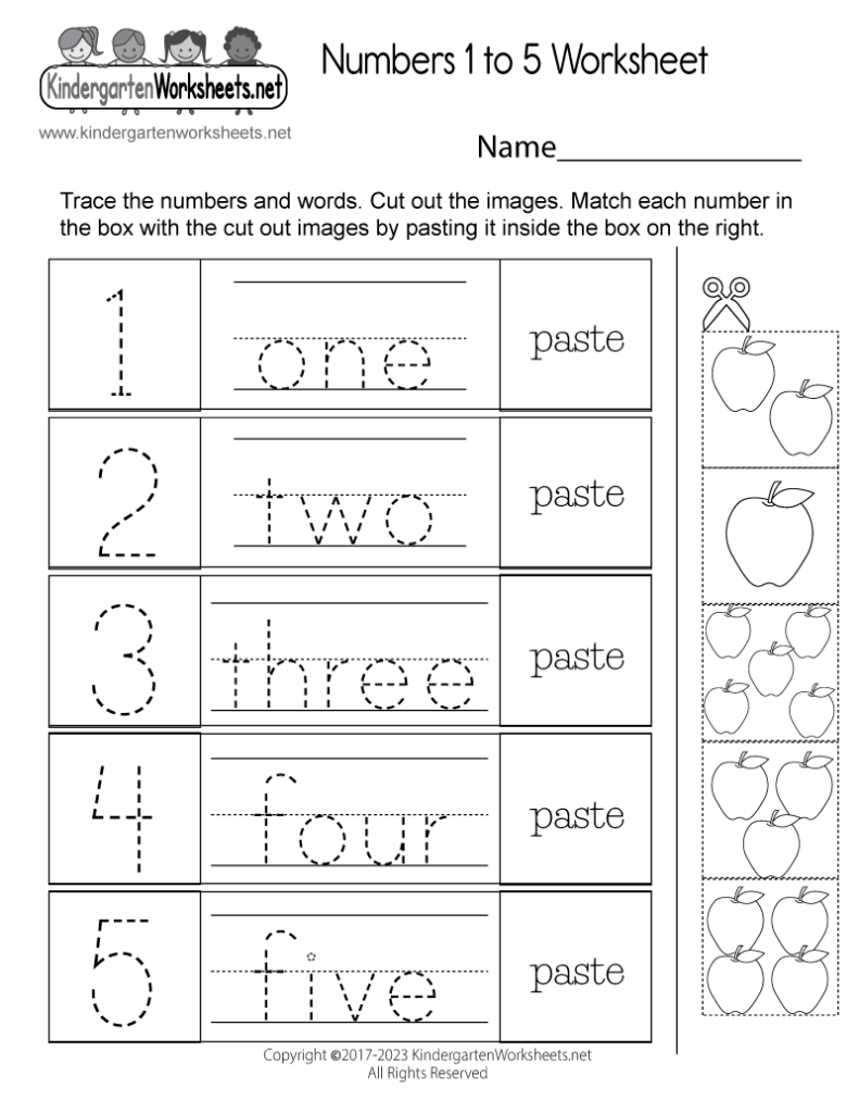 Numbers one to five worksheet with apples and paste boxes