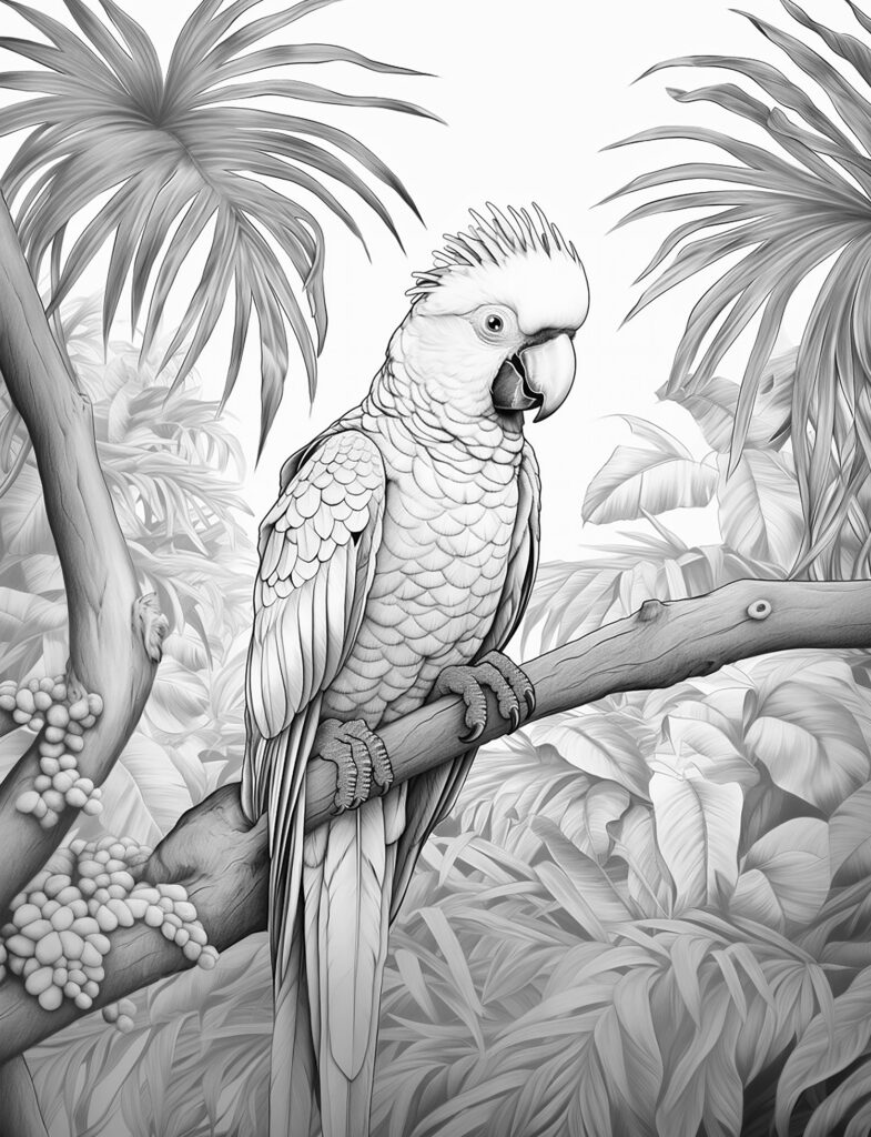 Black-and-white illustration of a parrot on a branch in jungle foliage