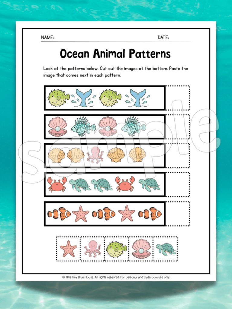 Ocean animal pattern worksheet with cutout images