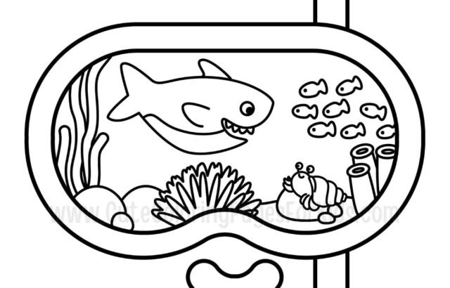 Shark in snorkeling mask with fish and crab coloring page