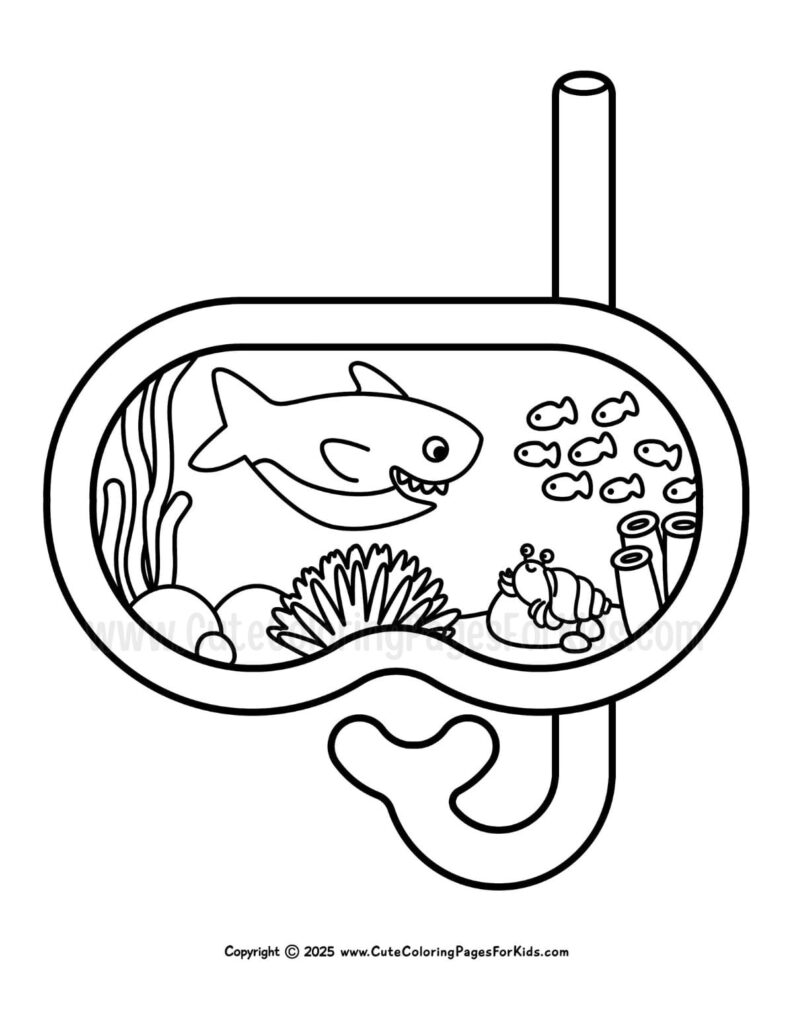 Shark in snorkeling mask with fish and crab coloring page