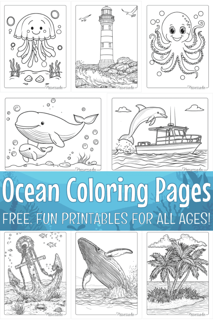 Ocean coloring page collage with sea animals, lighthouse, boat, and anchor