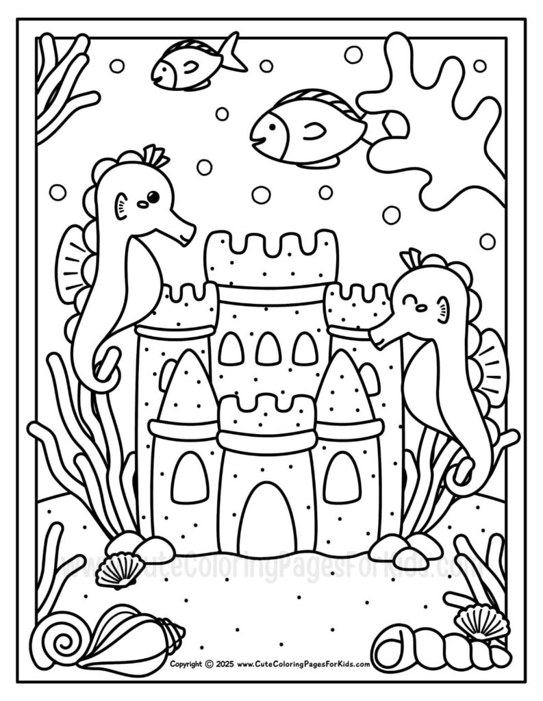 Two seahorses beside a sand castle underwater scene