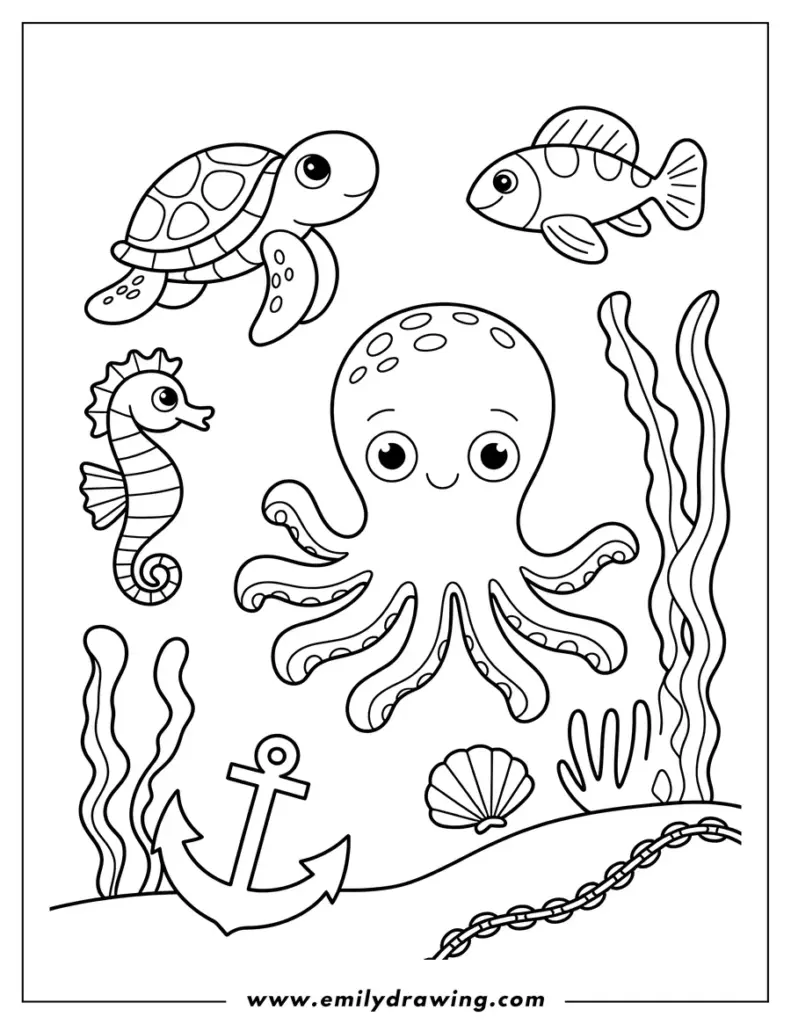 Underwater coloring page with octopus, turtle, fish, seahorse