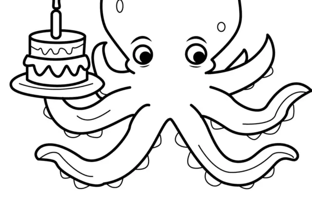 Cartoon octopus holding birthday cake with candle