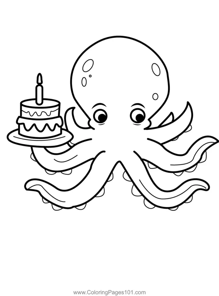 Cartoon octopus holding birthday cake with candle