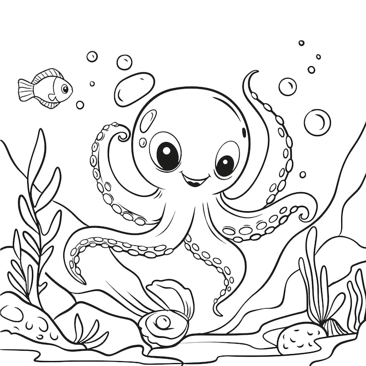 Cartoon octopus underwater with a small fish and bubbles