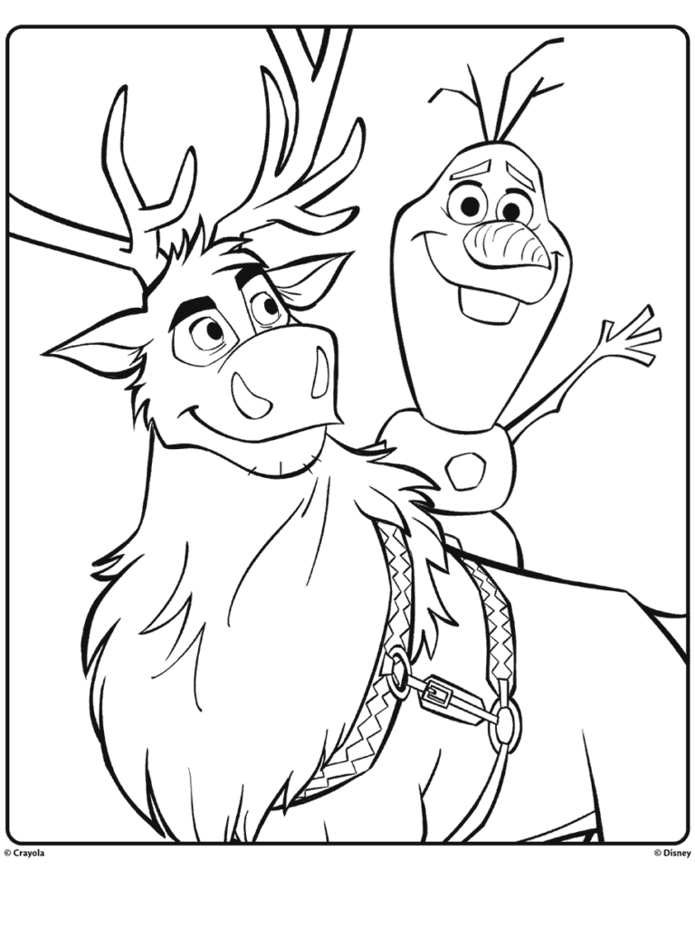 Black-and-white coloring page of Sven and Olaf smiling