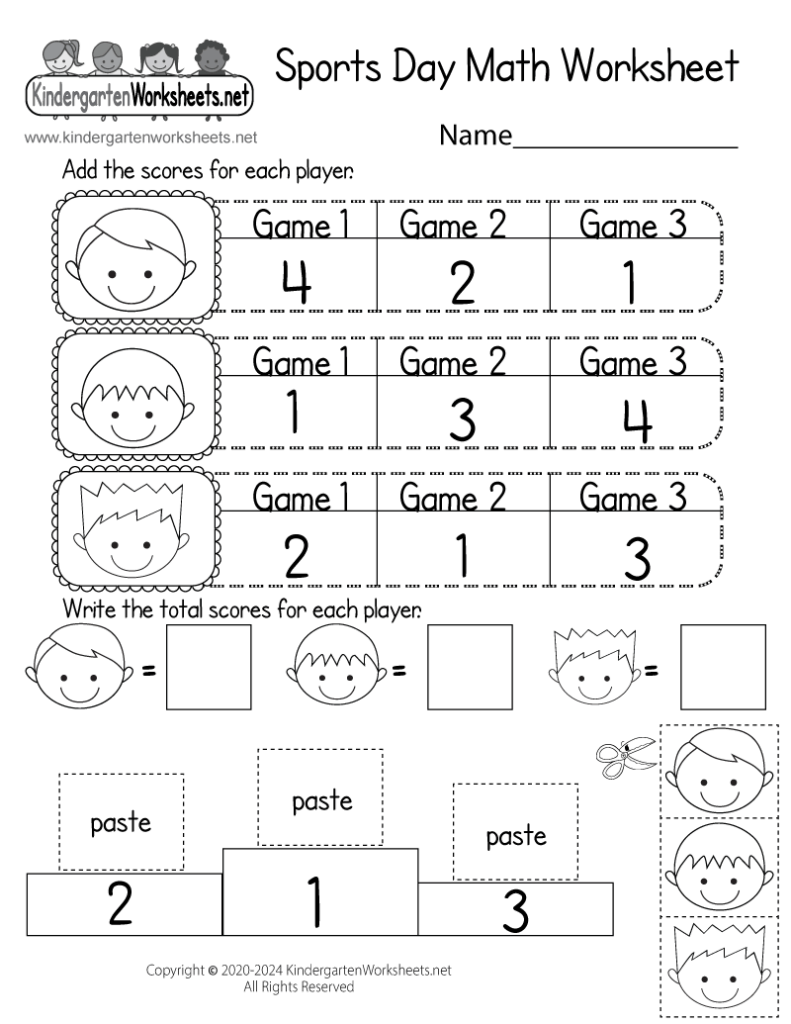 Sports Day Math Worksheet with player score tables and pasting boxes