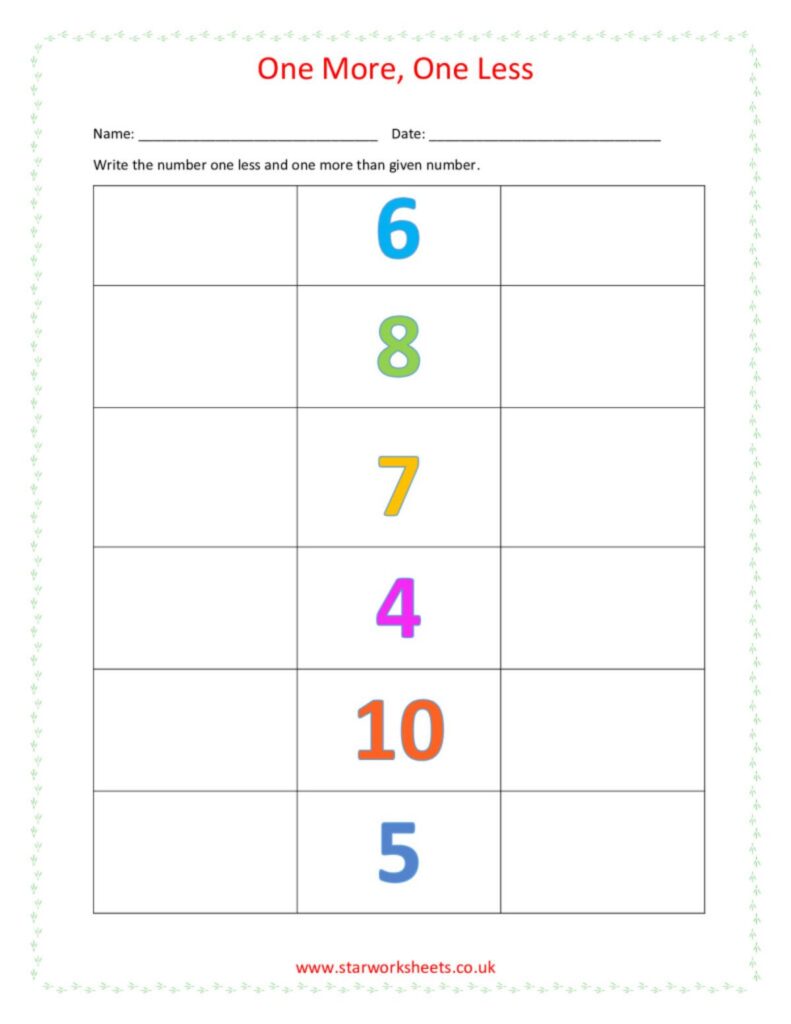 One More, One Less number worksheet with six numbers