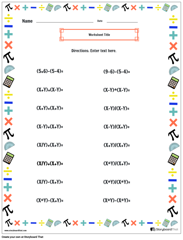 Math worksheet template with algebra expressions and border icons