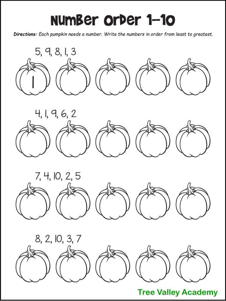 Number order worksheet with pumpkins and handwritten numbers