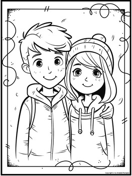 Black-and-white cartoon boy and girl in hoodies close together