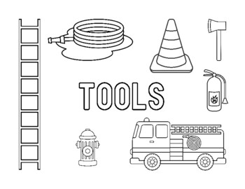 Tools coloring page with ladder, hose, cone, axe, extinguisher, hydrant, fire truck