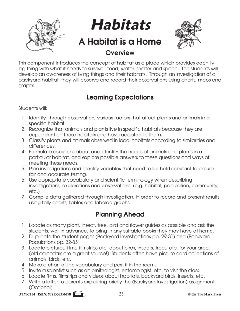 Printed habitat lesson page with mouse and plant drawings, text