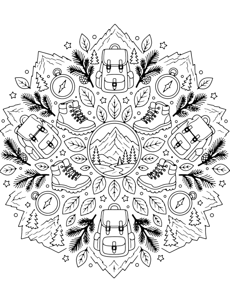 Symmetrical hiking-themed coloring page with backpacks, boots, mountains