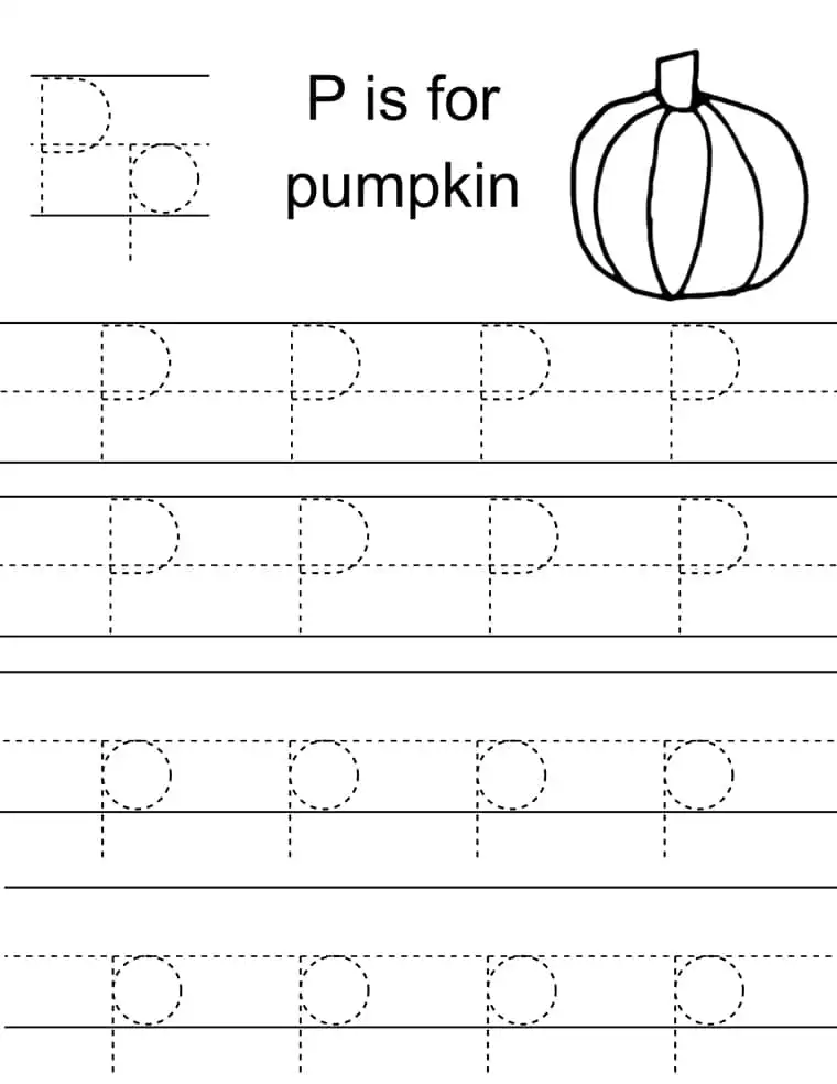 P is for pumpkin tracing worksheet with pumpkin drawing