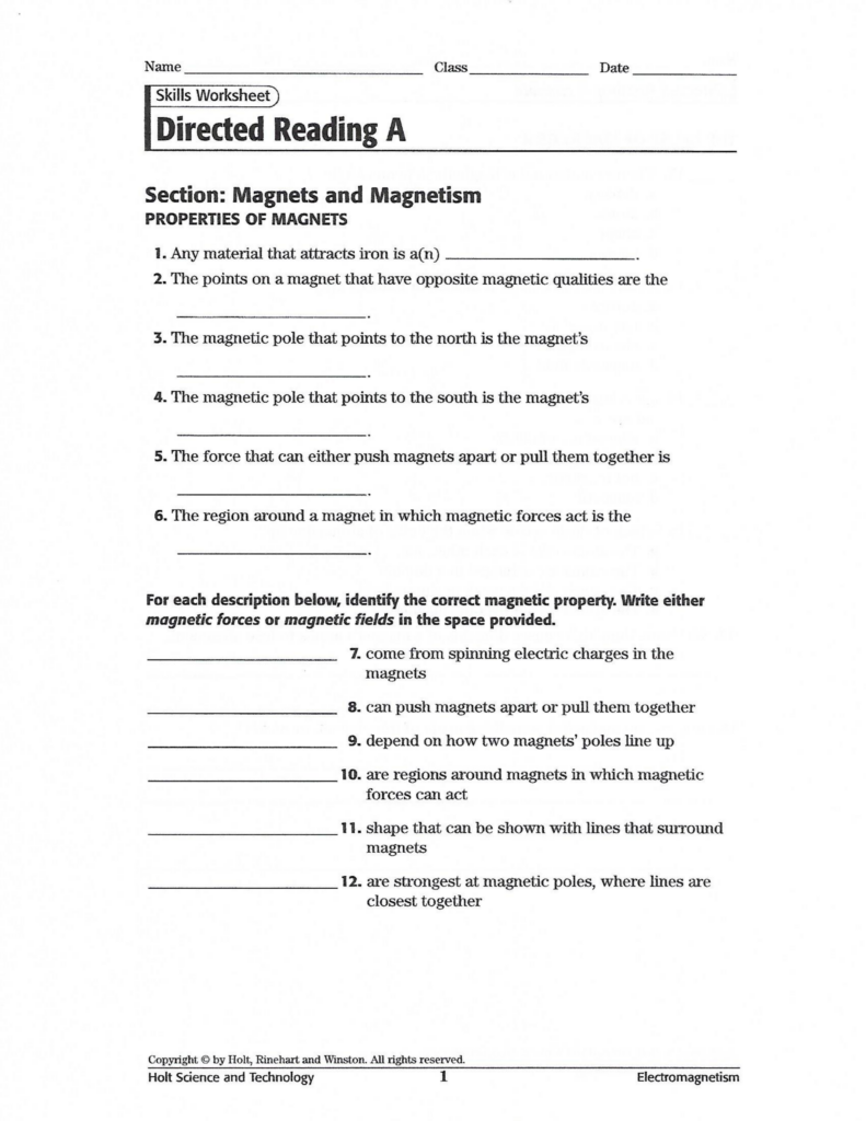 Black-and-white magnets and magnetism science worksheet page