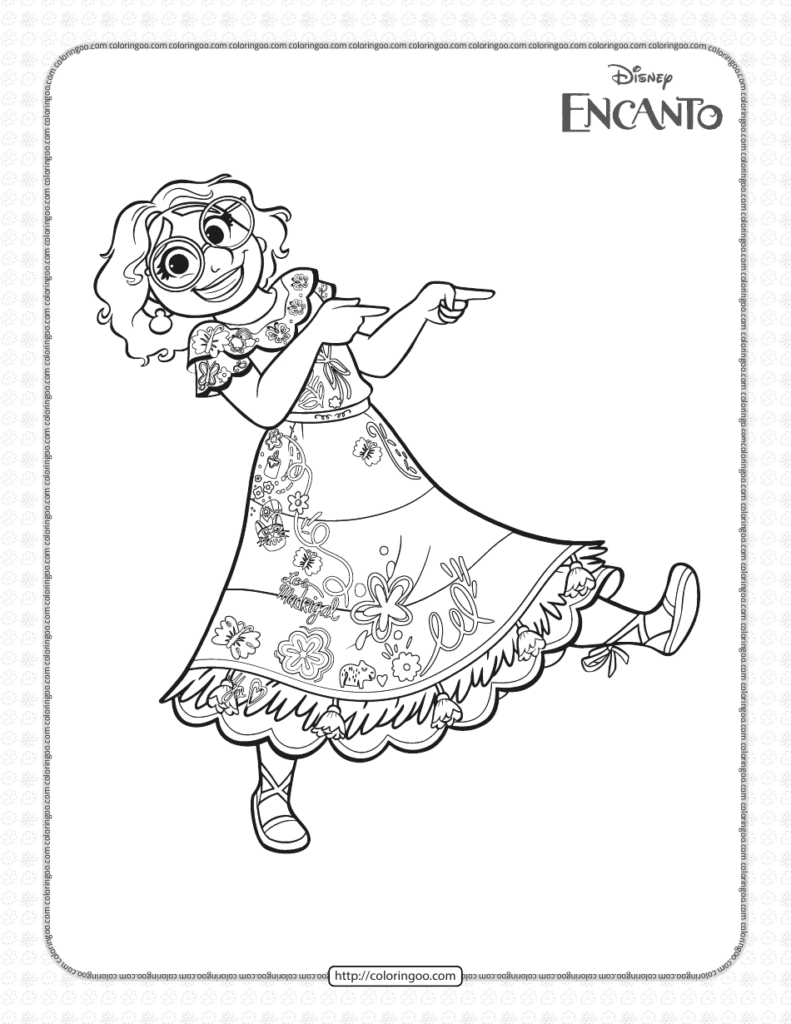 Disney Encanto character in patterned dress pointing right