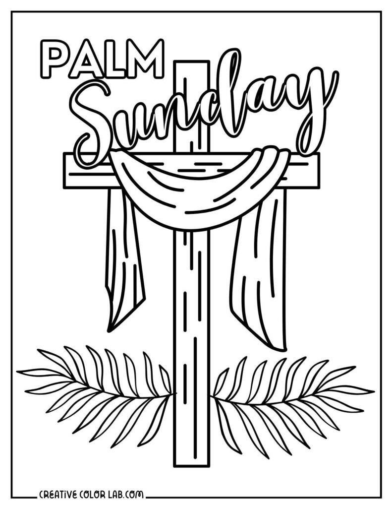 Palm Sunday cross with draped cloth and palm fronds
