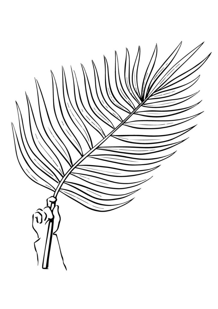 Black line drawing of hand holding palm frond