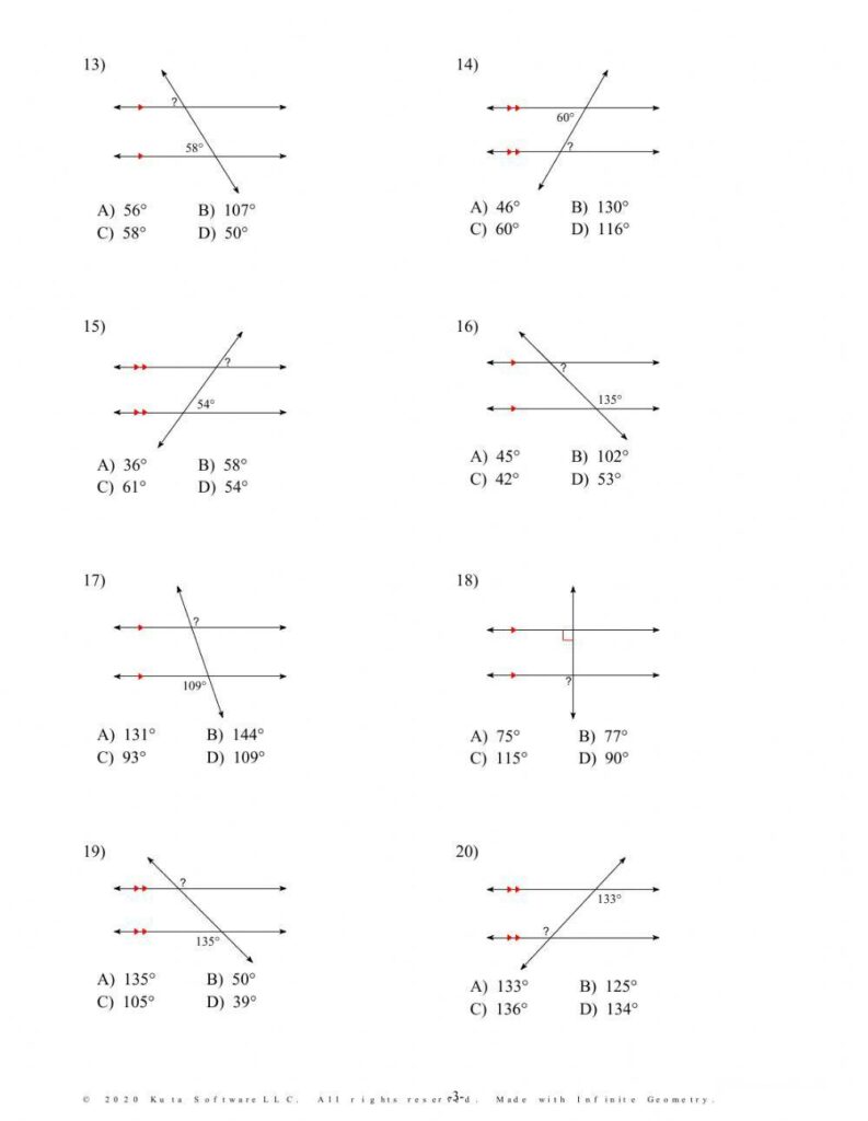 Geometry worksheet with eight parallel lines angle problems