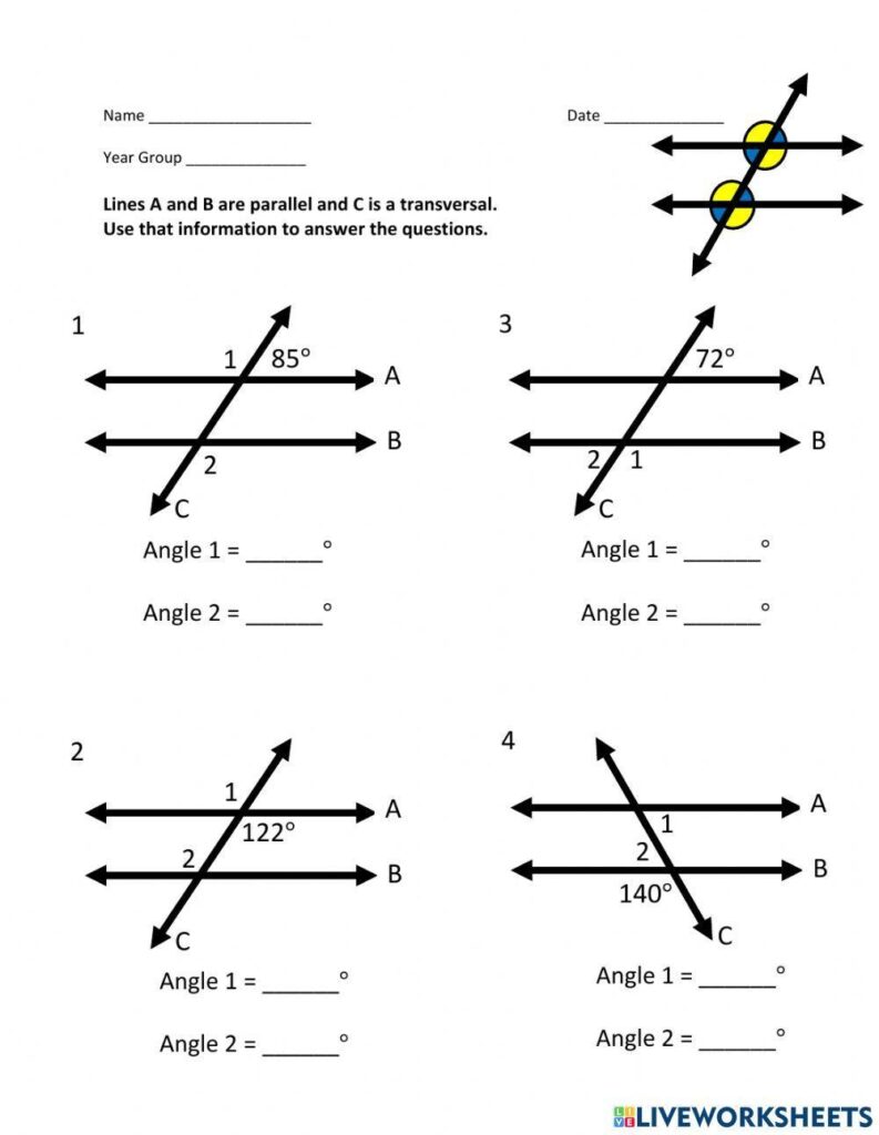 Geometry worksheet with parallel lines and angle diagrams