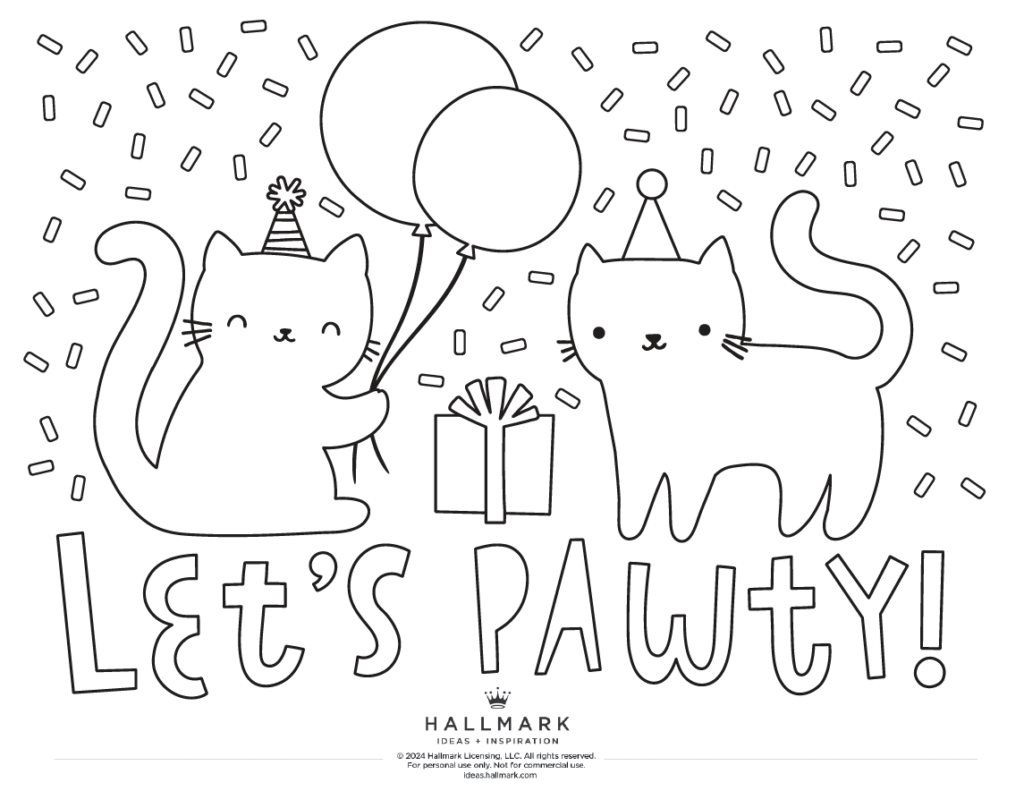 Two party cats with balloons and gift, confetti, “Let’s Pawty!