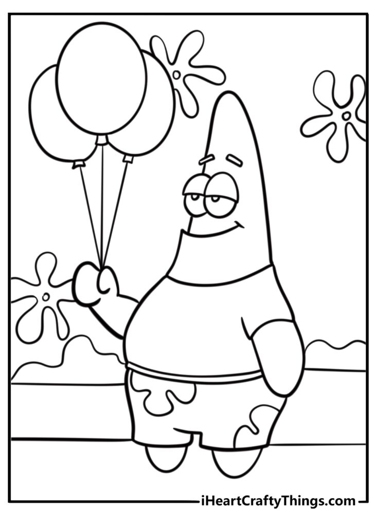 Patrick Star holding three balloons in line drawing