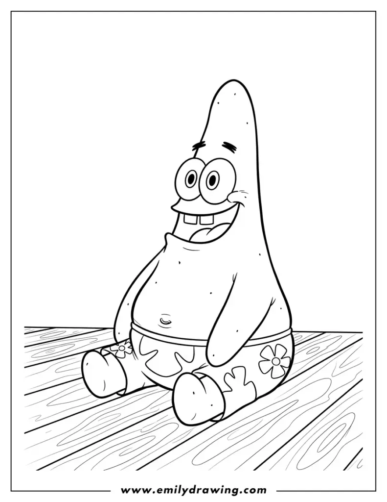 Black-and-white drawing of Patrick Star sitting on floor