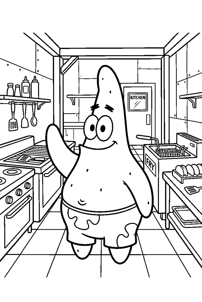 Cartoon starfish waving in a kitchen