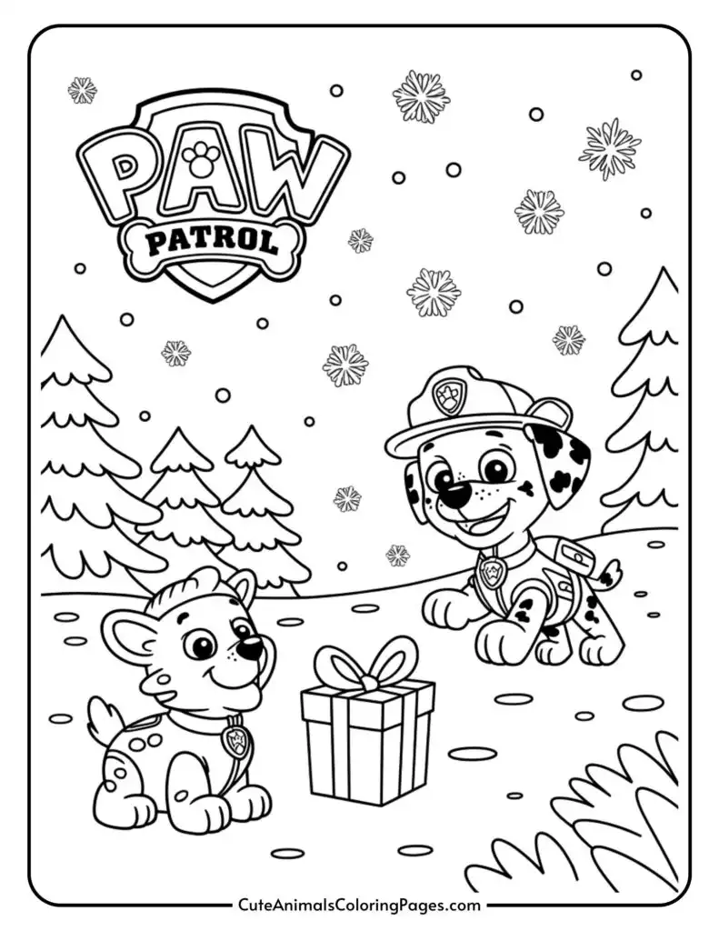 Paw Patrol puppies with gift in snowy forest coloring page