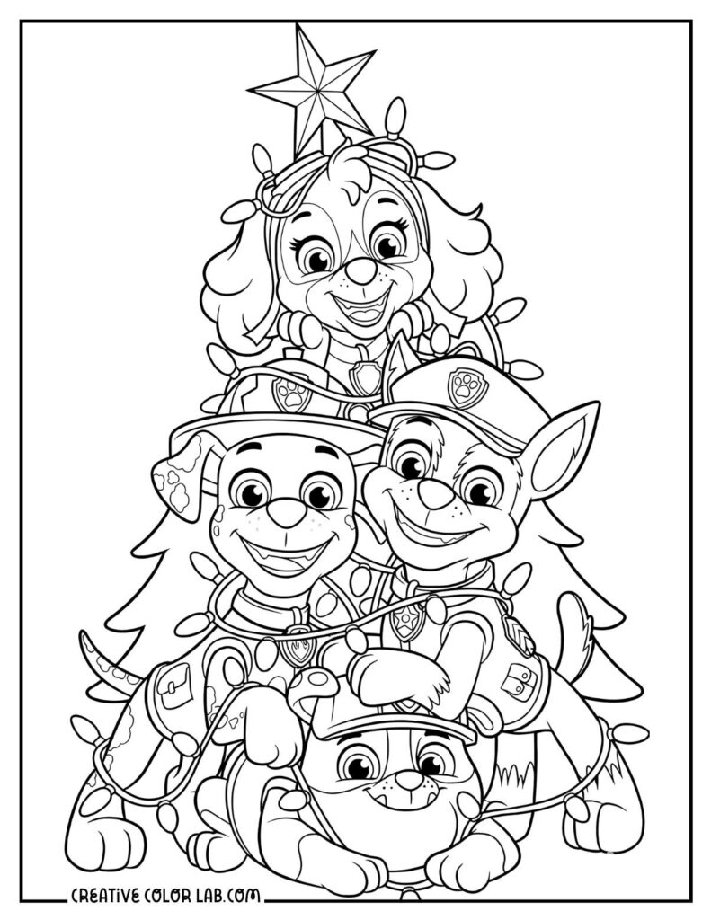 Four cartoon puppies stacked as a Christmas tree coloring page