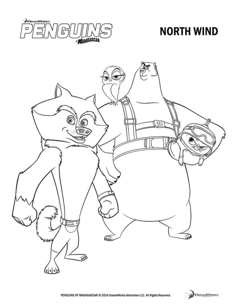 Penguins of Madagascar coloring page with four characters