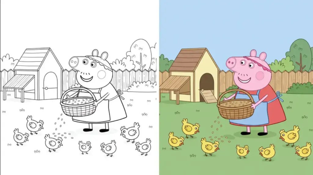 Split image: pig feeding chickens beside coop