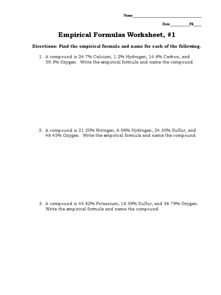 Empirical formulas worksheet with three chemistry problems
