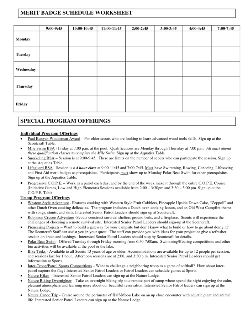 Merit badge schedule worksheet with program offerings text