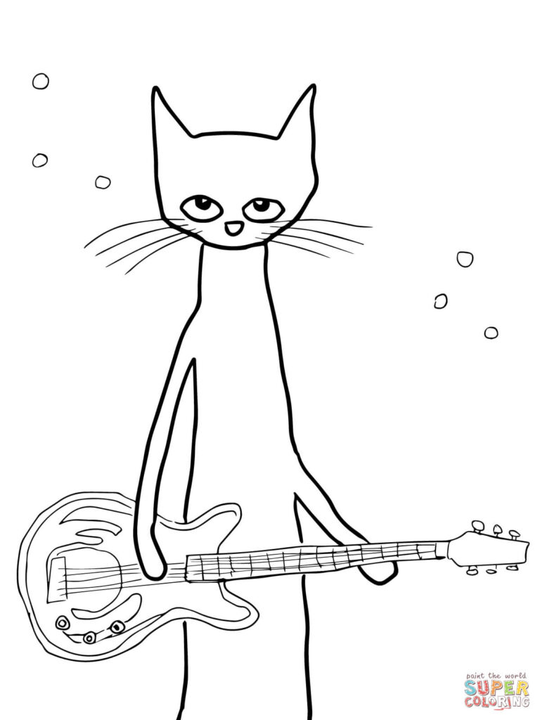 Cartoon cat holding an electric guitar, coloring page line art