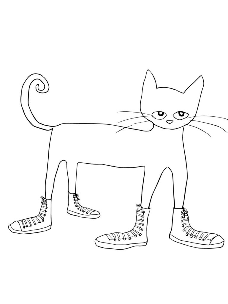 Line drawing of a cat wearing four sneakers