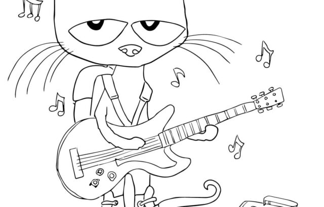 Line drawing of cat playing guitar beside lunchbox