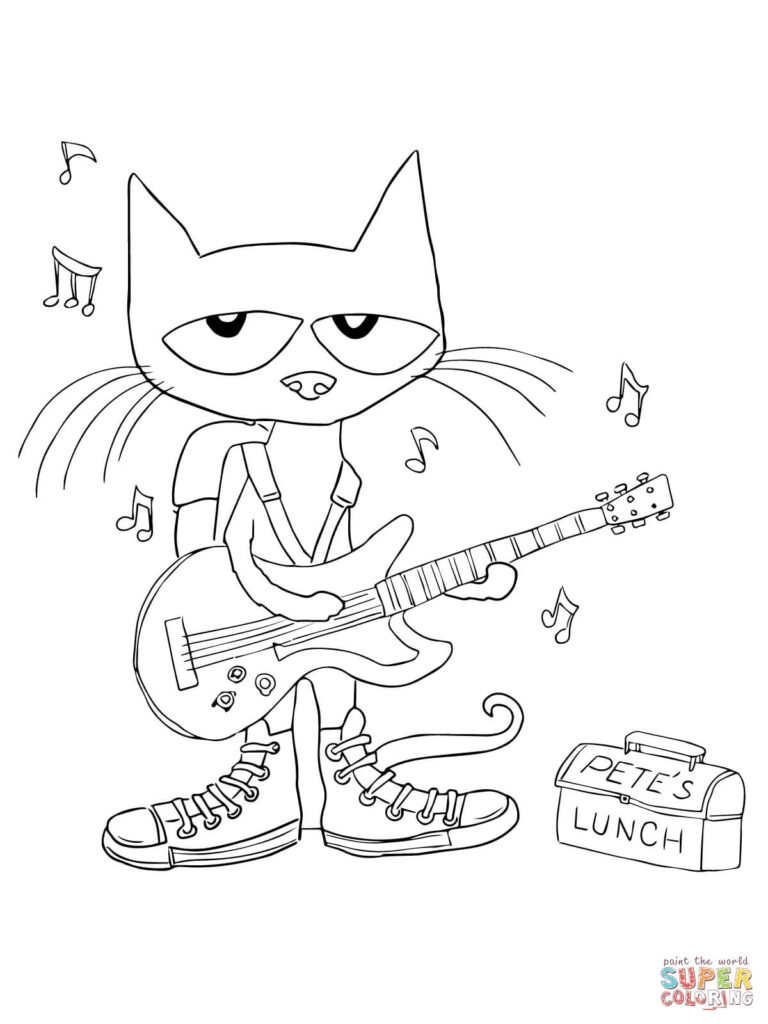 Line drawing of cat playing guitar beside lunchbox